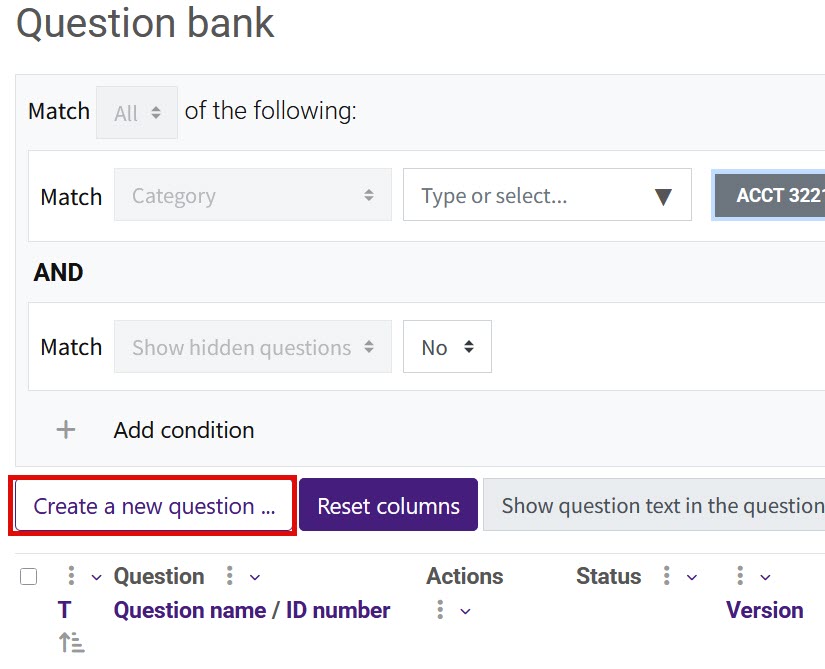 Create a new question button in question bank