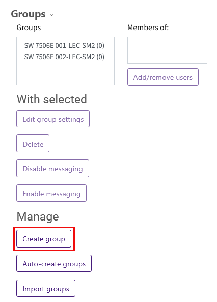 Groups dialog box with controls to edit and manage groups with Create group button selected