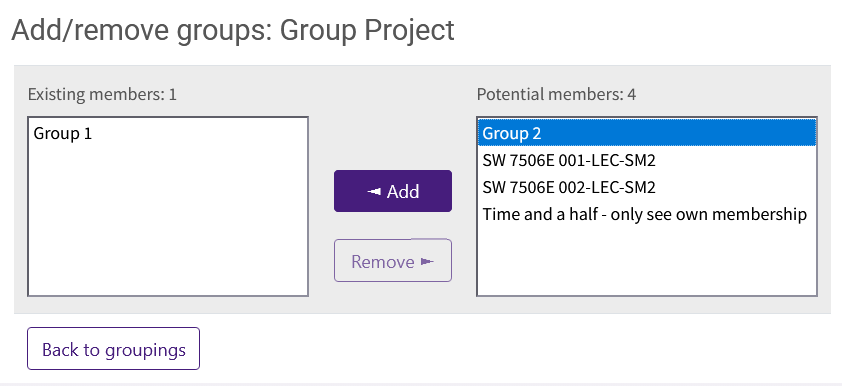 Groupings management window. Existing groups are on the left and potential groups on the right, with the Add and Remove button between