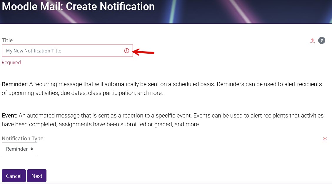 Notification creation first page in Moodle Mail