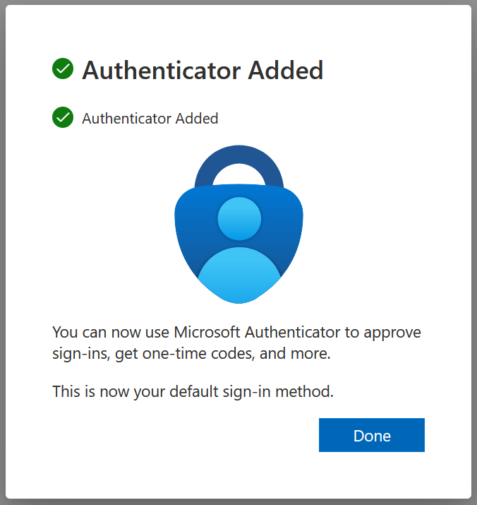 a success screen indicating the authenticator was registered