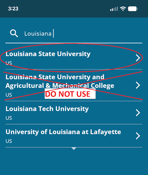 louisiana state university highlighted, A & M crossed out